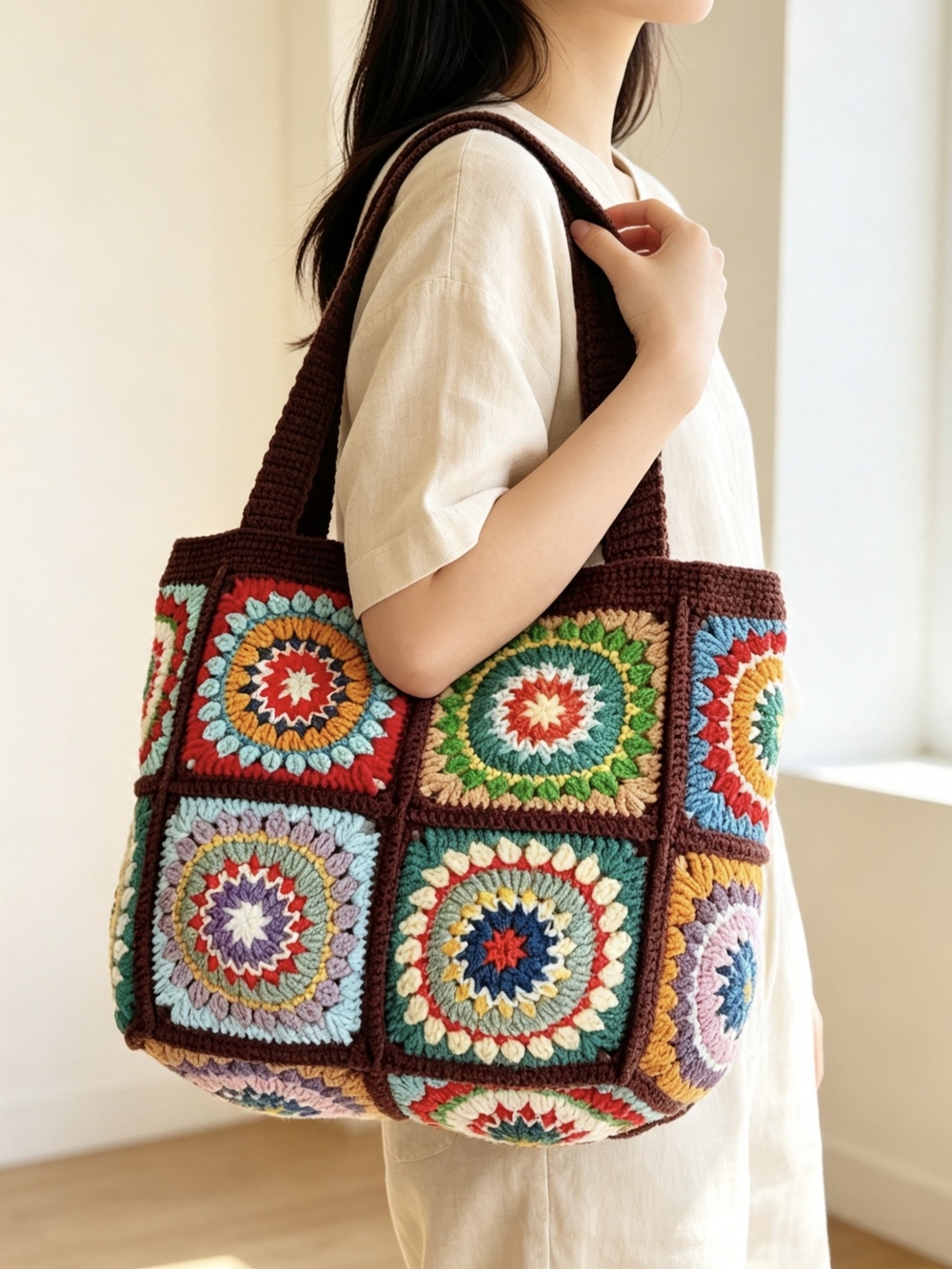 Handmade Crochet Granny Square Tote Bag, Boho Shoulder Bag, Marcket Purse